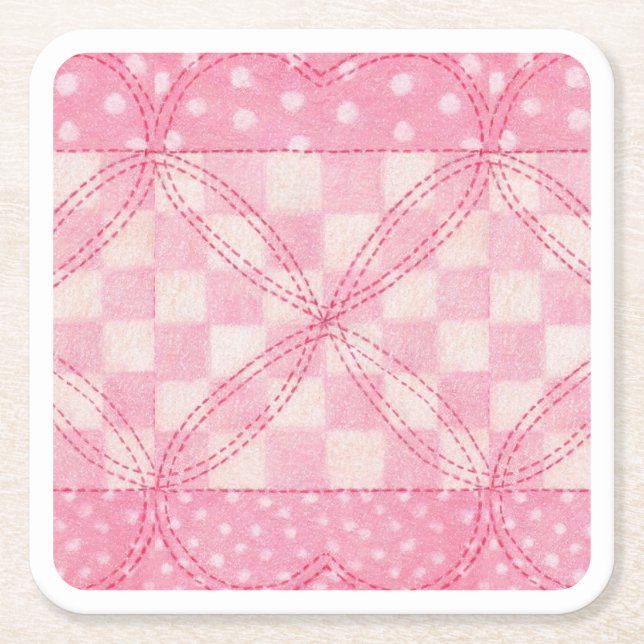 PINK HEART QUILT Square Paper Untersetzer (Vorderseite)