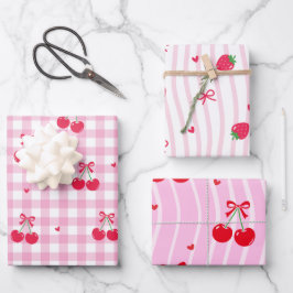 Pink Heart Ribbon Cherries Geschenkpapier Set