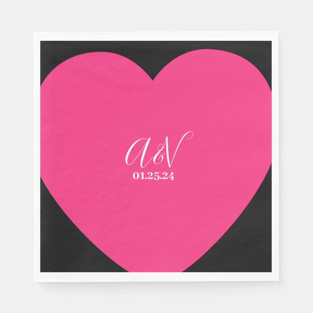 Pink Heart Script Paare Datum Hochzeit Serviette (Vorderseite)