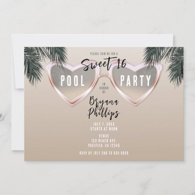 Pink Heart Sonnenbrille Chic Sweet 16 Pool Party Einladung (Vorderseite)