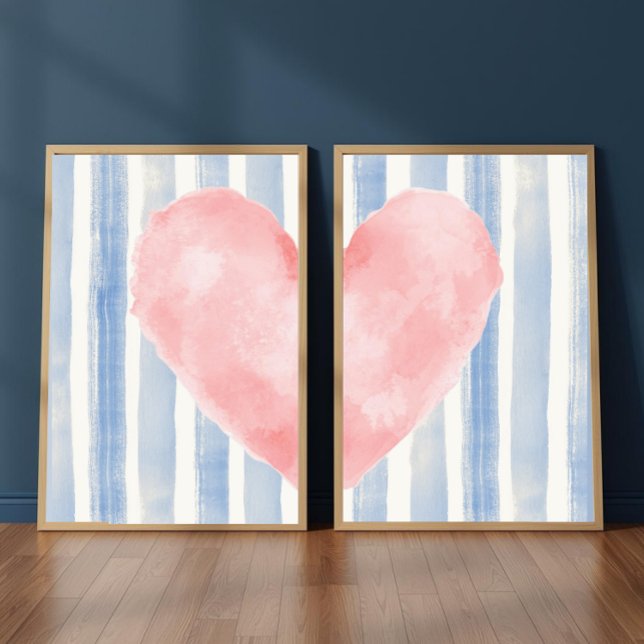 Pink Heart Watercolor, Aesthetic Blue Stripes (Créateur téléchargé)