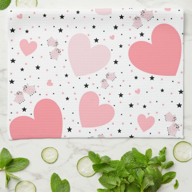 Pink hearts and piggy geschirrtuch (Gefaltet)