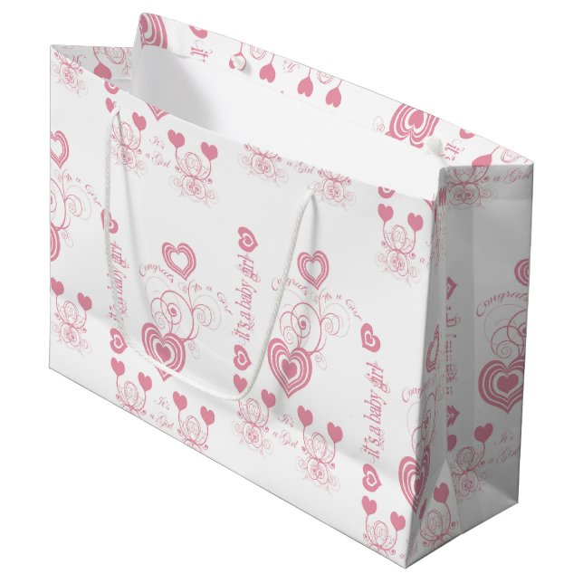 Pink Hearts Baby Dusche Große Geschenktüte (Vorderseite Schrägansicht)