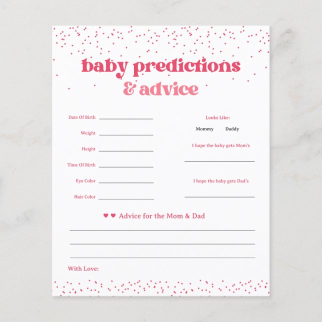 Pink Hearts Baby Shower Predictions Spiel Flyer (Vorne)