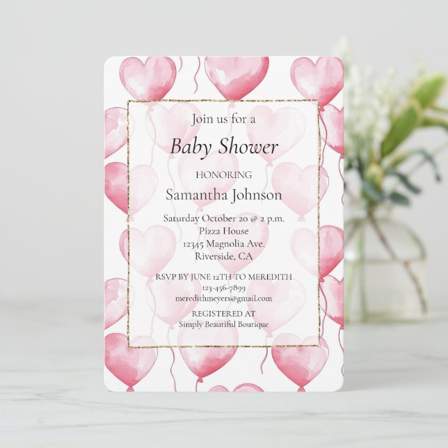 Pink Hearts Balloons Babydusche Einladung (Stehend Vorderseite)