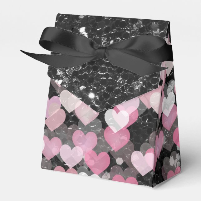 Pink Hearts Black Imitats Glitzer Black Bow Geschenkschachtel (Vorderseite)