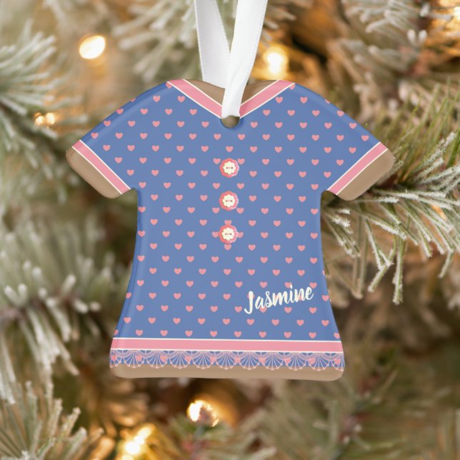Pink Hearts Blue Dress Lace Trimm Personalisiert Ornament (Baum)