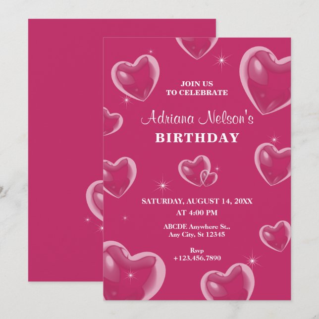 Pink Hearts bulle anniversaire Invitation (Devant / Derrière)