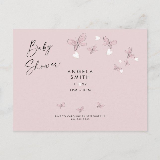 Pink Hearts & Butterflies Kinderdusche Einladung P Postkarte (Vorderseite)