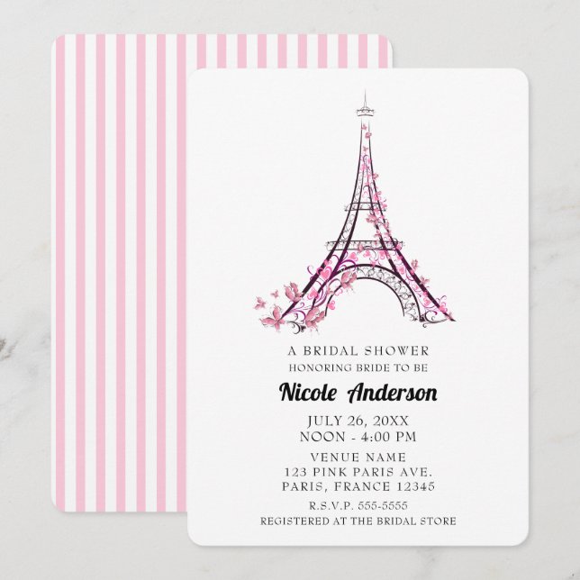 Pink Hearts Butterflies Paris Eiffel Tower Bridal Einladung (Vorne/Hinten)