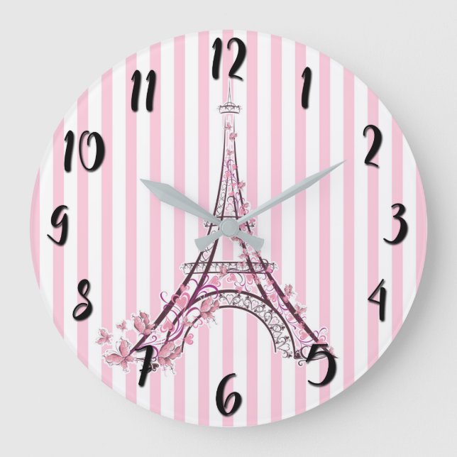 Pink Hearts & Butterflies Paris Eiffel Tower Große Wanduhr (Vorderseite)