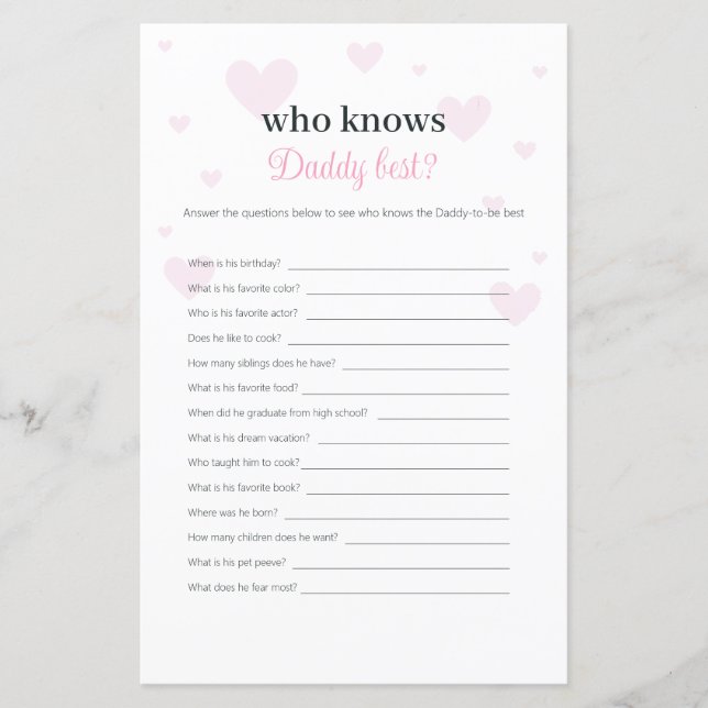 Pink Hearts, die Daddy Best Baby Shower Game kenne (Vorderseite)