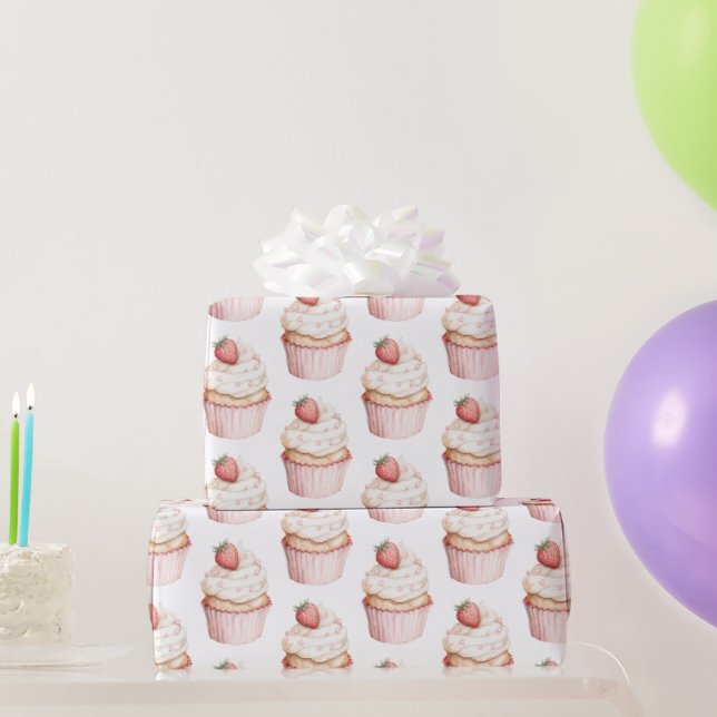 Pink Hearts Erdbeer Cupcake   Geschenkpapier (Partygeschenke)