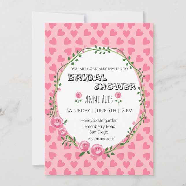  Pink Hearts Flower Bridal Shower Invitation Card (Devant)