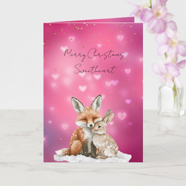 Pink Hearts Fox Bunny Glitzy Sweetheart Christmas Karte (Orchidee)