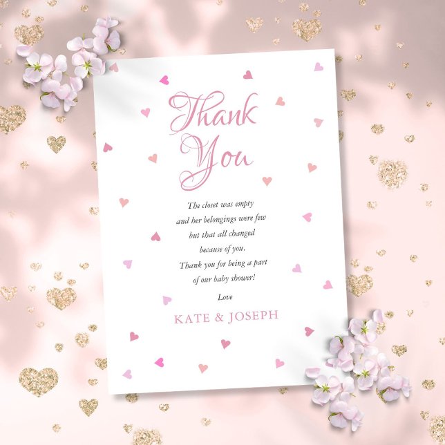Pink Hearts Girl Baby Dusche Danke, Gedicht Dankeskarte (Pink Hearts Girl Baby Shower Thank You Poem)
