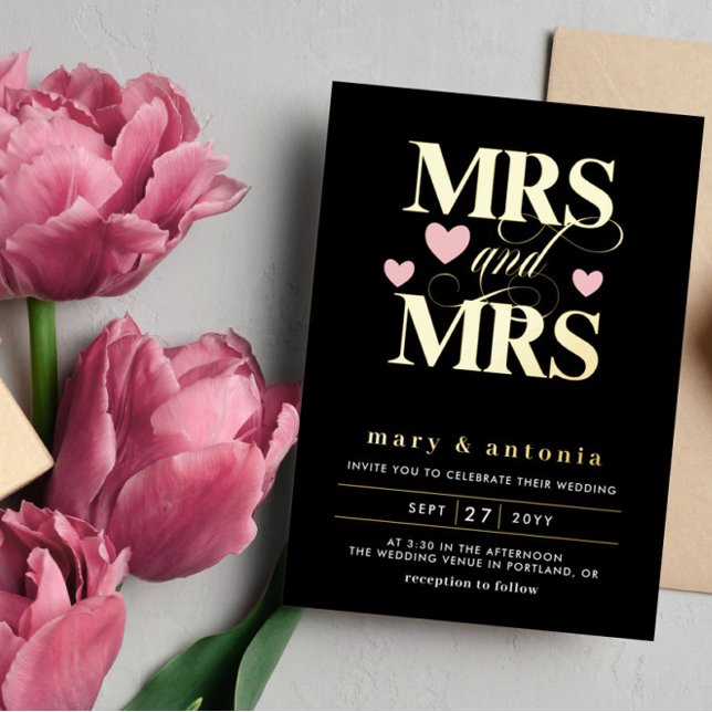 Pink Hearts Gold Mrs. & Mrs. Lesbian Wedding 2 in  Folieneinladung (Von Creator hochgeladen)