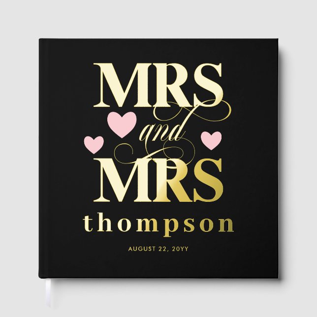 Pink Hearts Gold Mrs. & Mrs. Lesbian Wedding Gästebuch (Vorderseite)