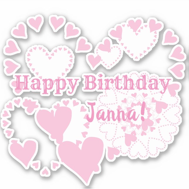 Pink Hearts Happy Birthday Matte White Stickers Aufkleber (Vorderseite)