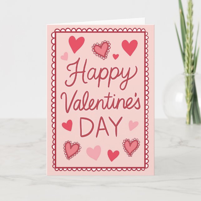 Pink Hearts Happy Valentines Day Greeting Karte (Vorderseite)