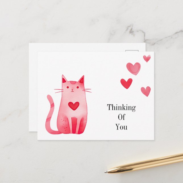 Pink Hearts Kitty Cat Denken Sie an Sie Postkarte (Vorderseite/Rückseite Beispiel)