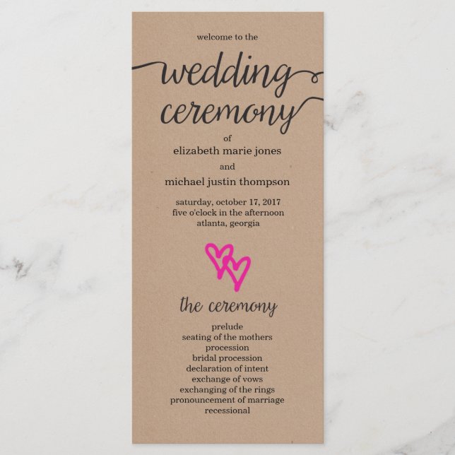Pink Hearts Kraft Wedding Program Programm (Vorderseite)