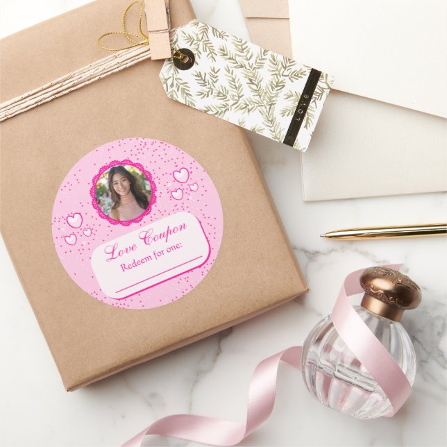 Pink Hearts Liebe Coupons mit Foto Runder Aufkleber (Schenken)