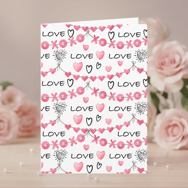 Pink Hearts Love Doodle Script Pattern Valentine's Karte (Von Creator hochgeladen)