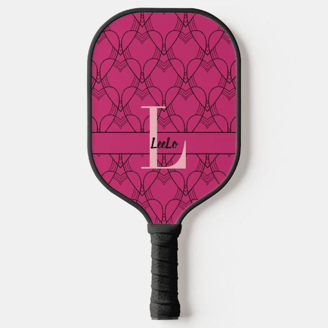 Pink Hearts Muster Monogram und Name Custom Pickleball Schläger (Vorderseite)