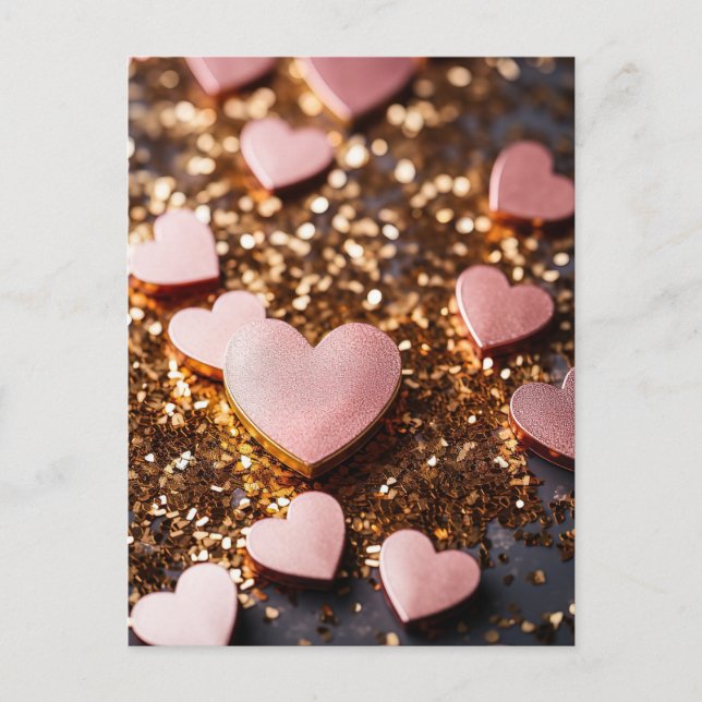 pink hearts on golden glitter ground for valentine postkarte (Vorderseite)