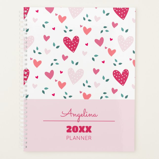 Pink Hearts Pattern Kids Academic School Planner (Devant)