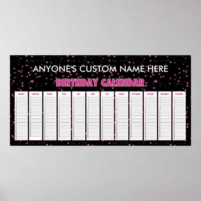 Pink Hearts Perpetual Birthday Calendar Poster (Vorne)