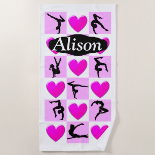 PINK HEARTS PERSONALISIERT GYMNASTICS BEACH TOWEL STRANDTUCH