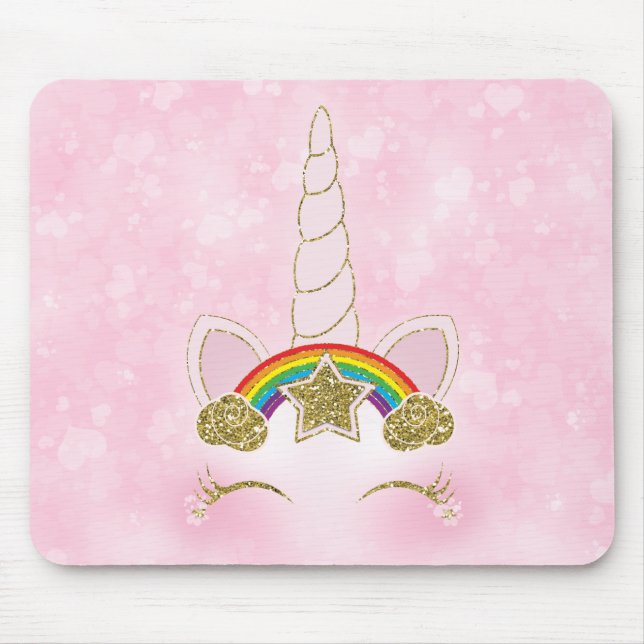 Pink Hearts Rainbow Star Unicorn Horn Mousepad (Vorne)