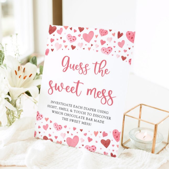 Pink Hearts rät das Sweet Mess Baby Shower Game Sockelschild (Von Creator hochgeladen)