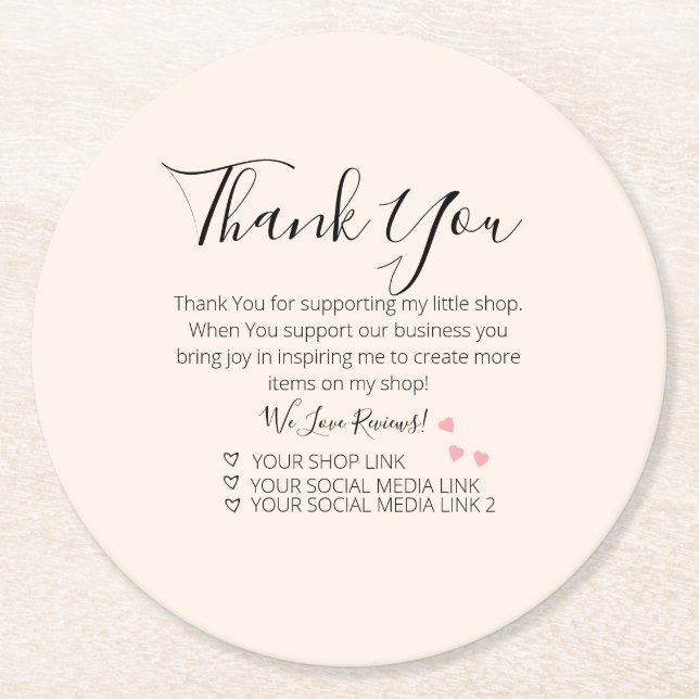 Pink Hearts Small Business Vielen Dank Runder Pappuntersetzer (Vorderseite)