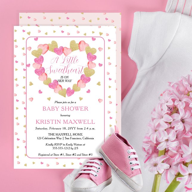Pink Hearts Wreath eine kleine Sweetheart Baby Dus Einladung (Von Creator hochgeladen)