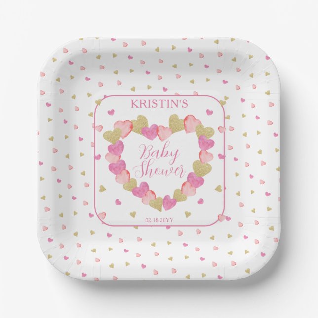 Pink Hearts Wreath eine kleine Sweetheart Baby Dus Pappteller (Vorderseite)