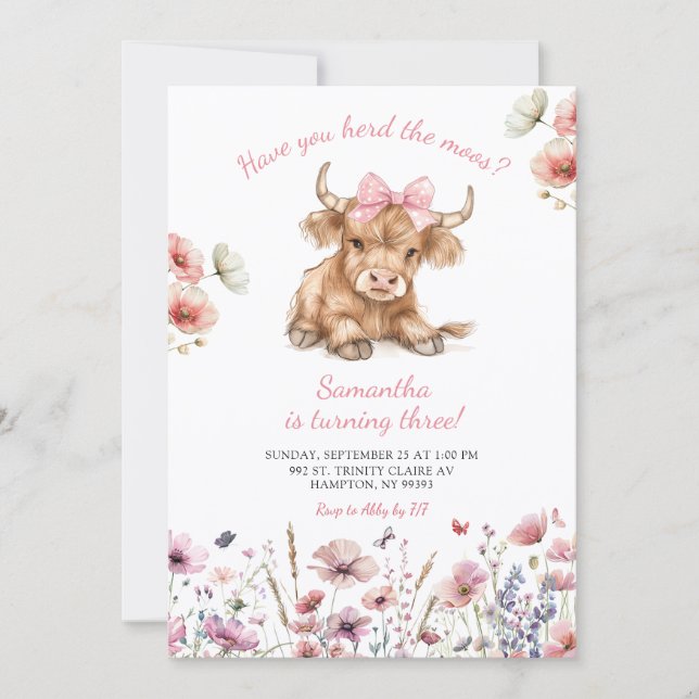 Pink Heifer Bull Floral Birthday Invitation (Devant)