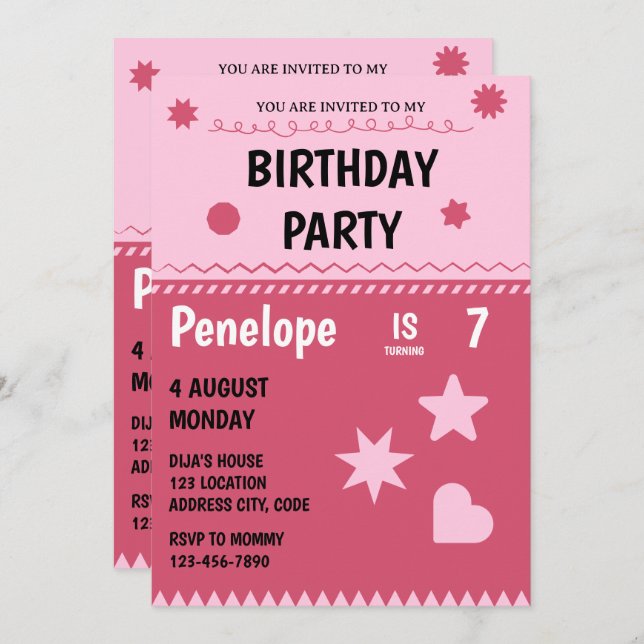 Pink Hello Kitty Invitation de fête d'anniversaire (Devant / Derrière)