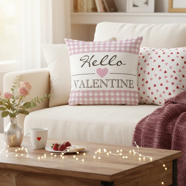 Pink Hello Valentine Plaid Gingham Kissen (Von Creator hochgeladen)