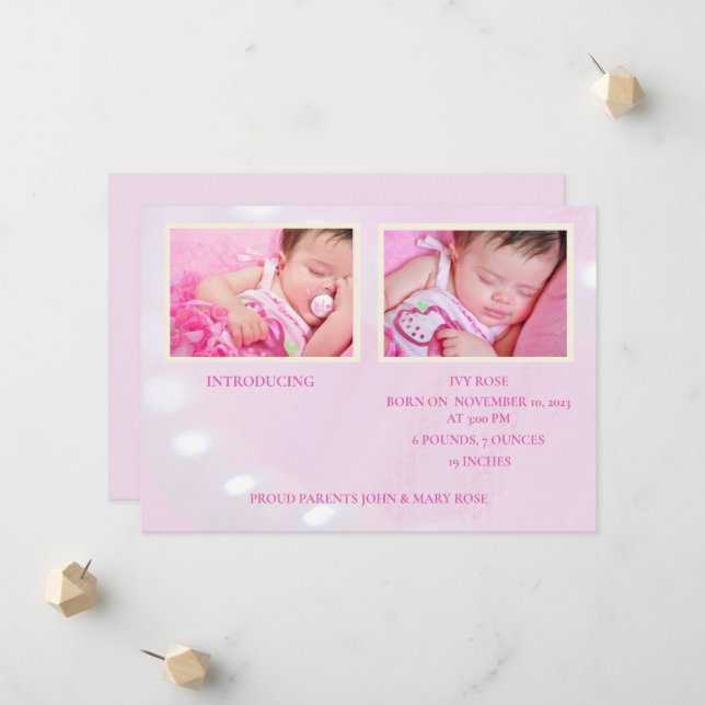 Pink Hello World Girl Geburtserklärung Ankündigung (Vorderseite/Rückseite Beispiel)