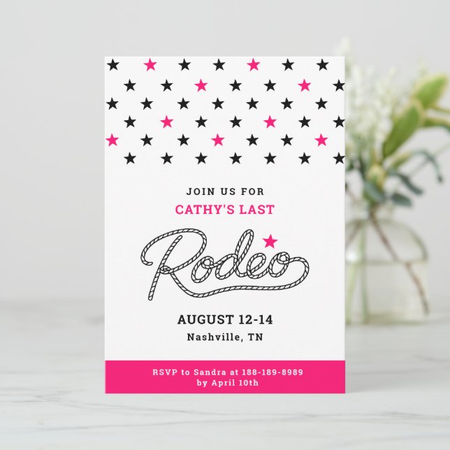 Pink Her Last Rodeo Bachelorette Party Einladung (Stehend Vorderseite)