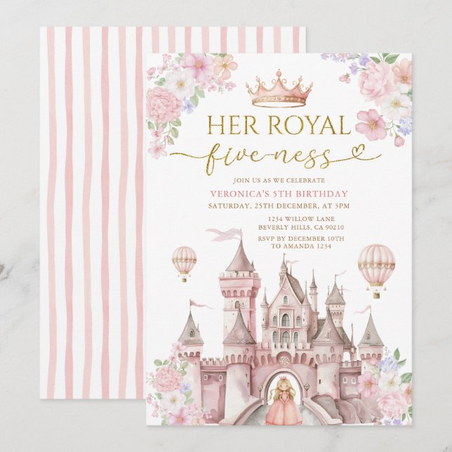 Pink Her Royal five-ness birthday Castle Crown Einladung (Vorne/Hinten)
