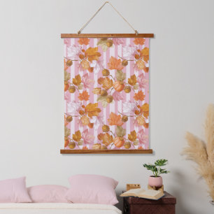 Pink Herbstleaves and Acorns Pattern - Fall Wandteppich Mit Holzrahmen