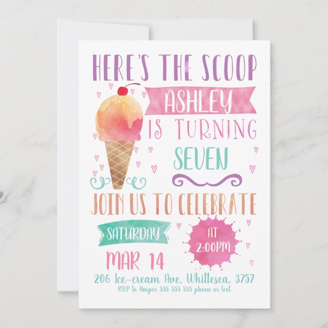 Pink Heres The Scoop Ice Cream Invitation Annivers (Devant)