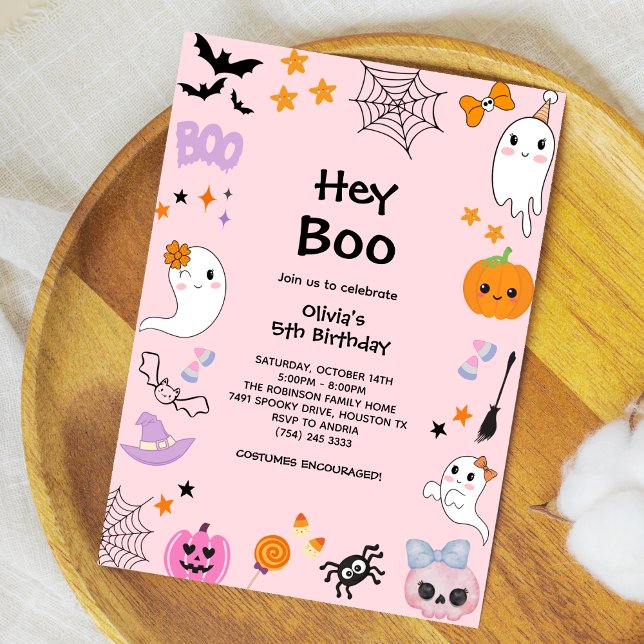 Pink Hey Boo Niedlich Ghost Halloween 5. Geburtsta Einladung (Pink Hey Boo Cute Ghost Halloween 5th Birthday Invitation )