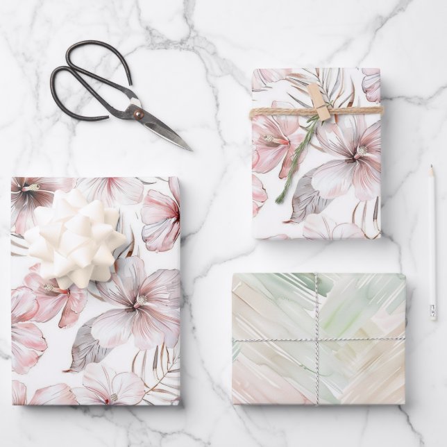 Pink Hibiscus Flowers Birthday Geschenkpapier Set (Vorderseite)