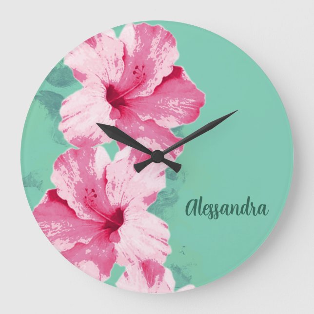 Pink Hibiscus Tropical Teal Clock Große Wanduhr (Vorderseite)