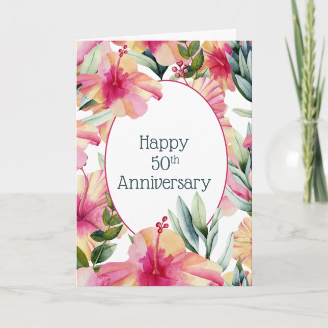 Pink Hibiskus 50. Hochzeitstag Karte (Vorderseite)